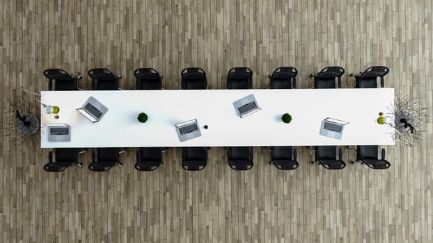 Modern meeting room top view with desk and chairs concept 3D rendering