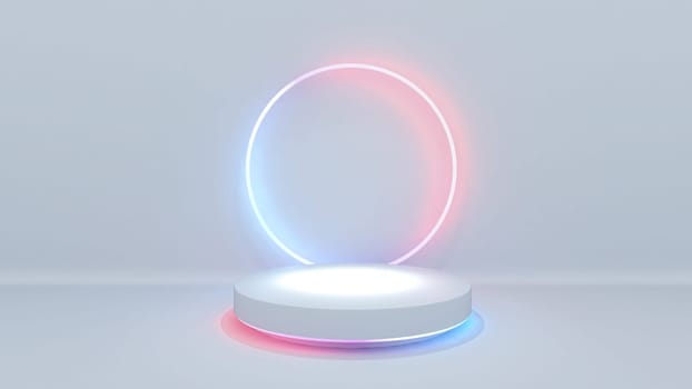 White product display area concept created with cylinder product platform and red, blue neon circular rings on concrete wall 3D rendering