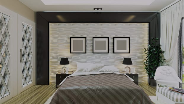 Modern bedroom design with wavy wall and wooden under light effect concept 3d rendering