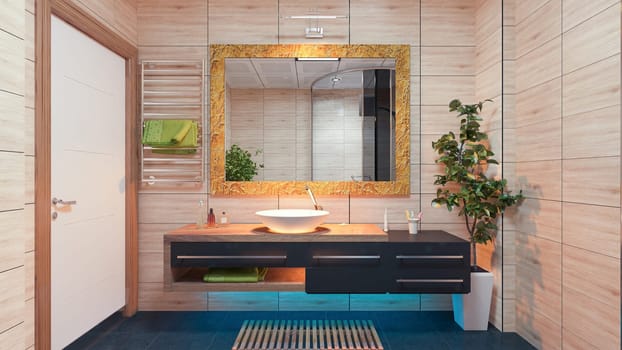 Modern Bathroom Design with wood effect ceramic and light effect concept 3d rendering