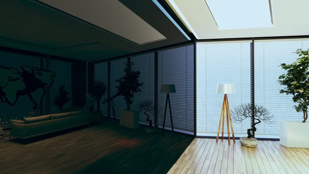 Modern office concept with wooden parquet floor, plant, floor lamp and black reflect background design idea 3D rendering