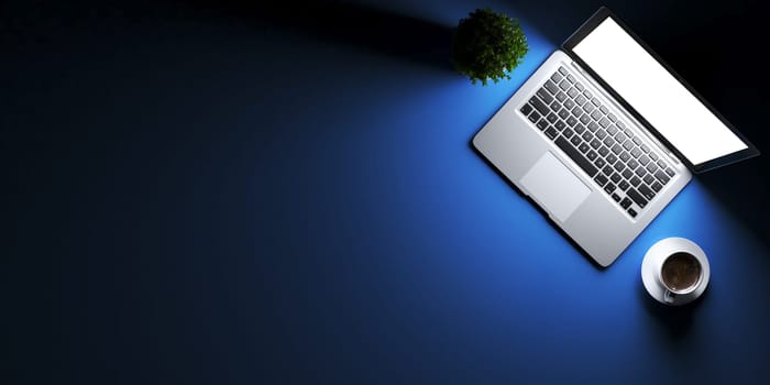 Top view of laptop concept with blue desk concept background 3D rendering