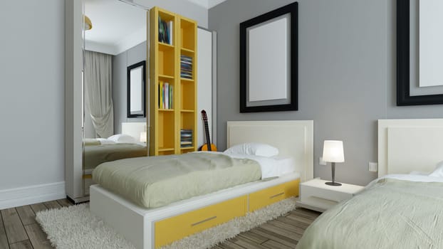 Modern dorm room, grey walls, yellow bookcase, twin bed with photo frame interior design concept 3D rendering