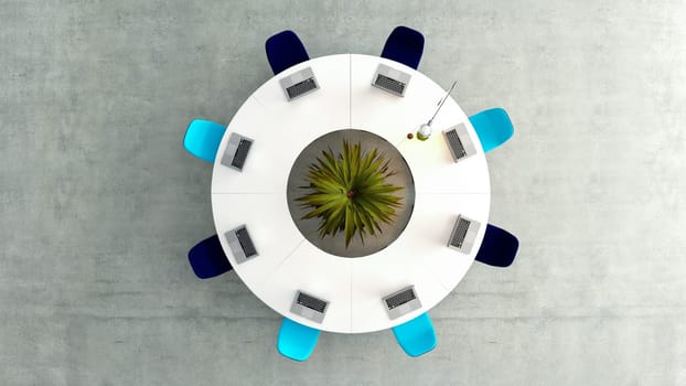 Modern meeting room top view with round white table or desk, light and dark blue chairs, concrete floor concept 3D rendering