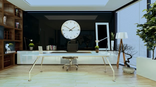 Modern office concept with table, watch, floor and table lamp, bookshelf, plant, wooden parquet floor and black reflect background design idea 3D rendering