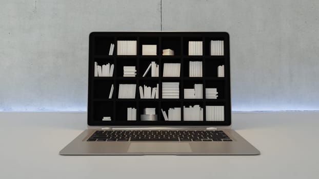 Black bookshelf in laptop screen, online education and search realistic 3D rendering