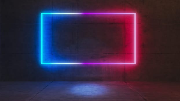 concrete wall and floor product platform and blue and red light neon rectangle on concrete wall 3D rendering