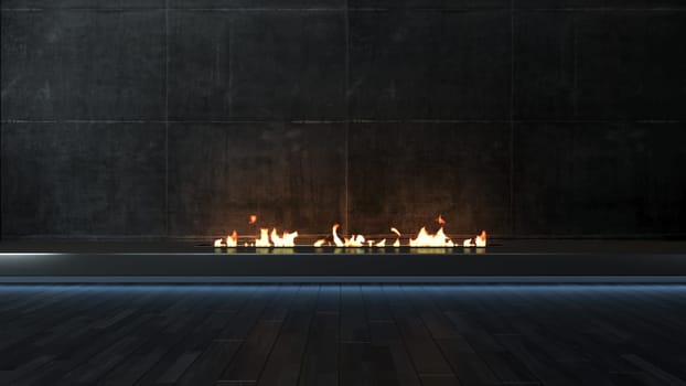 Modern black fireplace furniture design idea with dark concrete wall and light effect concept for home and office place. 3D rendering