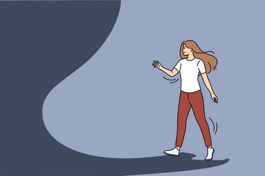 Anxious young woman look in unknown future. Worried girl on light path step dark way facing darkness and uncertainty. Fear and challenge, overcome difficulties. Vector illustration.
