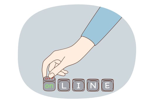 Going online from offline concept. Human hand turning buttons pulling offline word to online getting out of quarantine period vector illustration