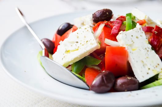 Close up of greek salad in the bowl