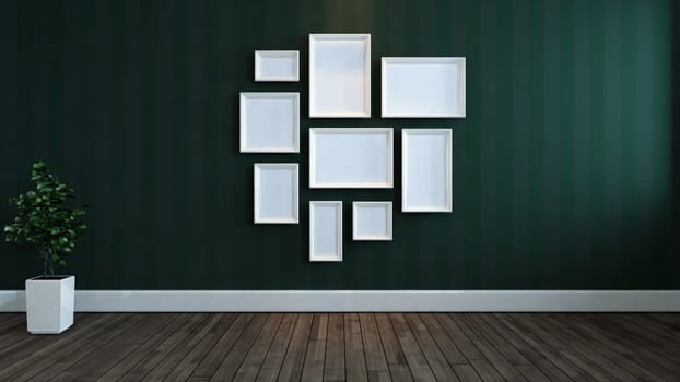 White photos frames with Lined green wallpaper wall, wooden floor and plant concept 3d rendering