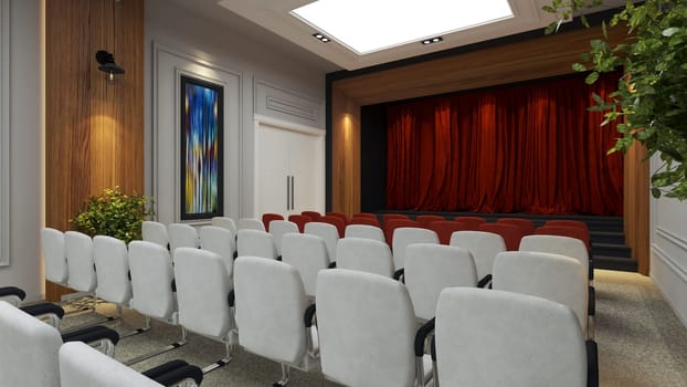 Modern conference hall, red curtain stage concept design with white and red chairs and wooden wall 3D rendering