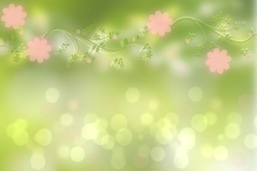Hello spring background. Abstract bright spring or summer landscape texture with natural green yellow bokeh lights sun, flowers and bright sunny rays. Spring or summer backdrop with copy space.