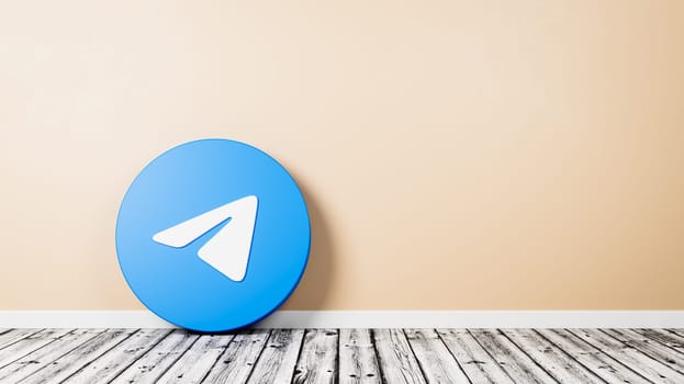 Telegram Logo 3D Symbol Shape on Wooden Floor Against Orange Wall with Copy Space 3D Render Illustration