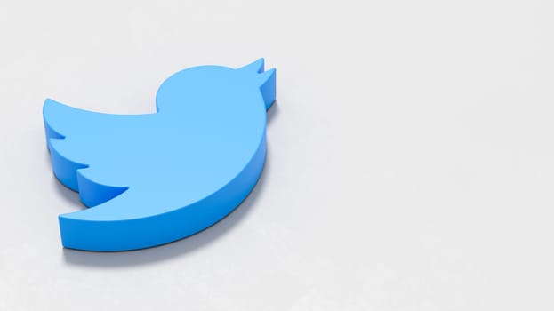 Twitter Logo 3D Symbol Shape on Plastered Light Grey Background with Copy space 3D Illustration
