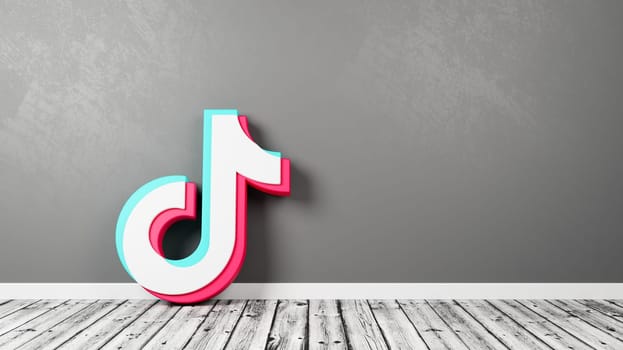 TikTok Logo 3D Symbol Shape on Wooden Floor Against Gray Wall with Copy Space 3D Render Illustration
