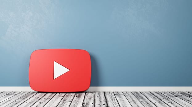 Youtube Logo 3D Symbol Shape on Wooden Floor Against Blue Wall with Copy Space 3D Render Illustration