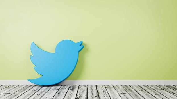 Twitter Logo 3D Symbol Shape on Wooden Floor Against Green Wall with Copy Space 3D Render Illustration