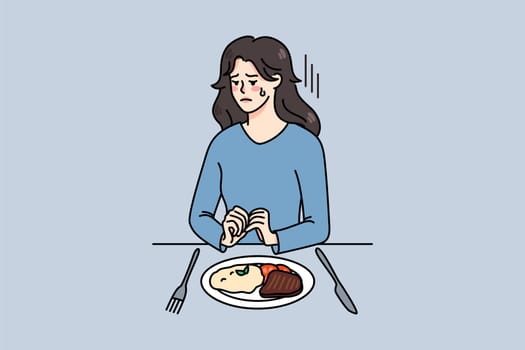 Unhappy young woman sit at table with food struggle with eating disorder. Upset girl refuse from meal suffer from anorexia or bulimia. Healthcare and psychological help. Vector illustration.