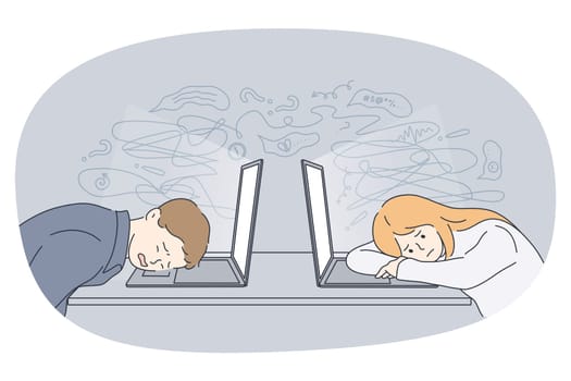 Stress Tiredness and exhaustion concept. Young tired business woman and man workers lying on their laptops in office feeling sleepy and tired at work vector illustration