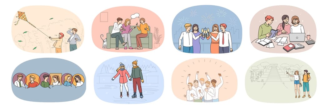 Set of happy millennial friends students enjoy college life study and relax together. Collection of smiling young people have fun communicate rest on weekend. Campus friendship. Vector illustration.