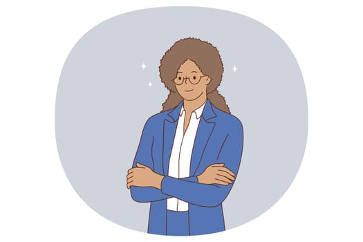 Black ethnicity business woman concept. Smiling positive business woman of black african american ethnicity in blue suit standing and looking at camera vector illustration