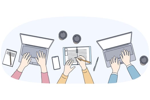 Teamwork and freelance work concept. Top view of human hands working on laptops together typing printing making notes with coffee vector illustration