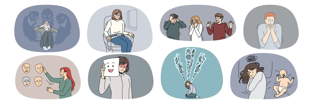 Set of scared diverse people feel terrified suffer from panic attack. Collection of men and women struggle with anxiety and fear, have psychological mental problems. Vector illustration.