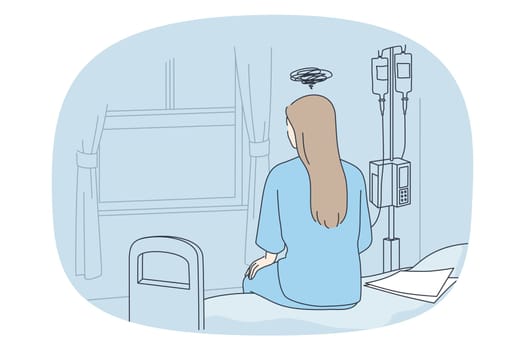 Cancer illness and sadness concept. Sad woman sitting on bed in clinic with dropper having chemotherapy trying to cure cancer vector illustration