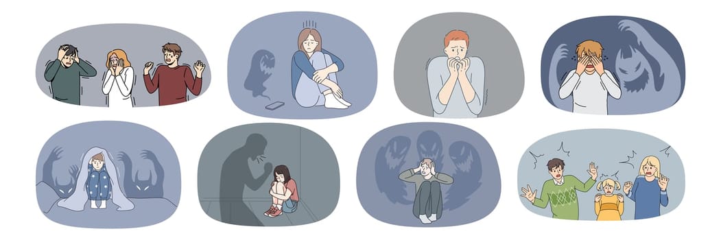Set of terrified people scared unable to control emotions. Collection of frightened men and women feel fear and shock, suffer from bullying or psychological mental problems. Vector illustration.