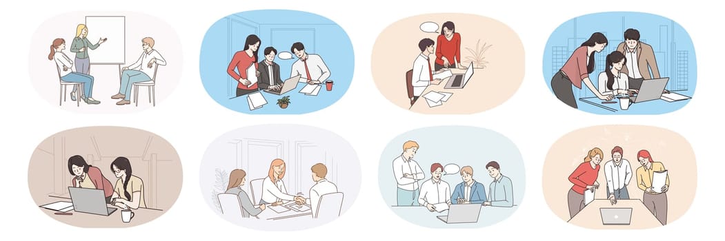 Set of busy successful office employees or workers cooperate together at meeting. Collection of businesspeople brainstorm discuss ideas at briefing. Teamwork. Vector illustration.