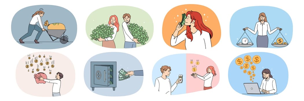 Set of diverse people with money piles get financial profit or income. Collection of men and women excited with money revenue, get dividend or passive capital. Finances. Vector illustration.