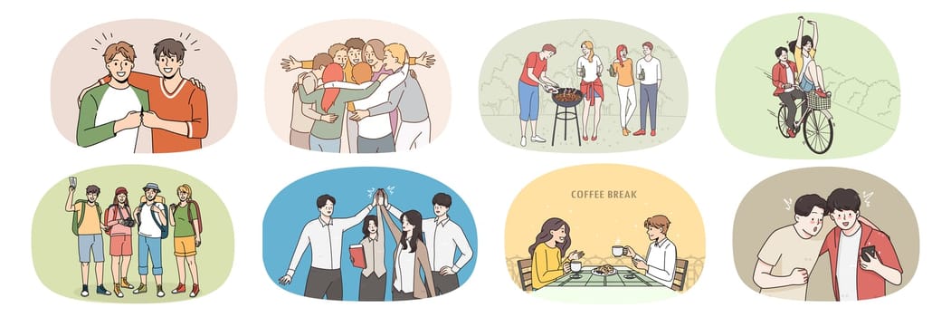 Set of smiling millennial diverse friends have fun enjoying leisure weekend together. Collection of happy young people relax rest on summer vacation. Youth friendship concept. Vector illustration.