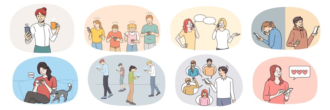 Collection of people overuse modern cellphone in daily life. Set of diverse men and women use smartphones, addicted to social media. Gadget and technology addiction. Vector illustration.