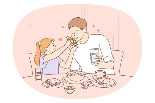 Having meal with family concept. Happy smiling father and daughter sitting and eating croissants and healthy breakfast together vector illustration