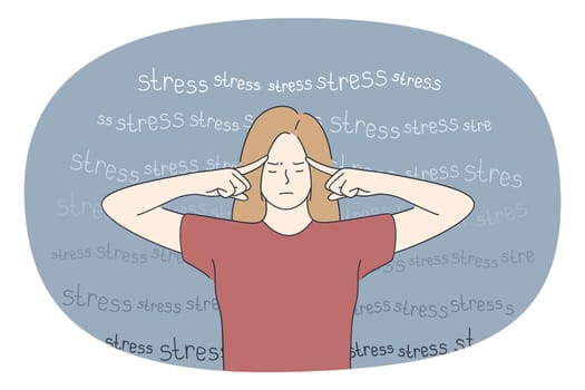 Feeling stress and headache concept. Young woman standing touching head feeling stressed and headache with lettering at background vector illustration