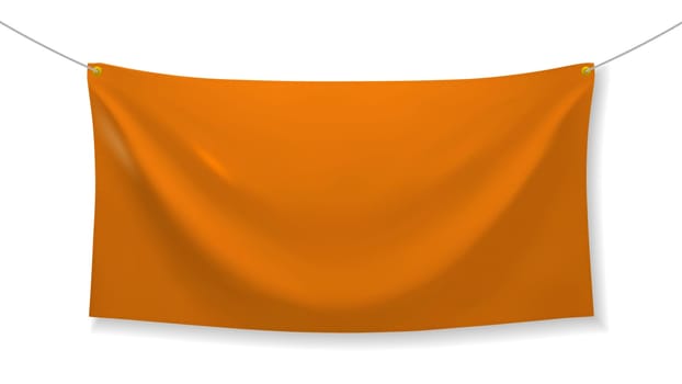 Orange fabric banner with folds and transparent shadow isolated on white background. Blank hanging textile template. Empty mockup. Vector illustration