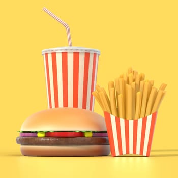 Fast food set on yellow background with shadow. Hamburger, french fries and cola in generic package with stripes. Graphic design element for restaurant advertisement, menu or poster. 3D illustration