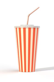 Fast food cola drink cup, drinking straw. Generic striped beverage package isolated on white background. Graphic design element for restaurant advertisement, menu, poster, flyer. 3D illustration