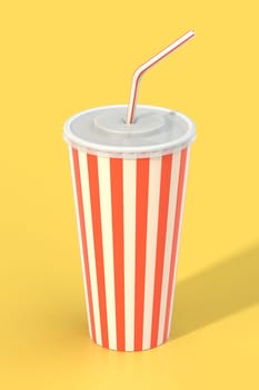 Fast food cola drink cup, drinking straw. Generic striped beverage package on yellow background with shadow. Graphic design element for restaurant advertisement, menu, poster, flyer. 3D illustration