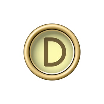 Letter D. Vintage golden typewriter button isolated on white background. Graphic design element for scrapbooking, sticker, web site, symbol, icon. Vector illustration.