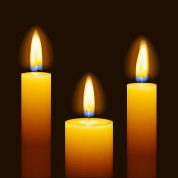 Set of three burning candles with transparency isolated on black background. Vector illustration