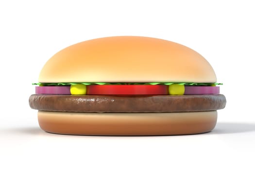Fast food hamburger isolated on white with shadow. American cuisine burger. Graphic design element for restaurant advertisement, menu, poster, flyer. 3D illustration