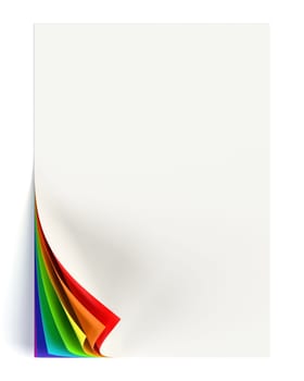 White document mock up with rainbow colored curled corner. Graphic design element. Business corporate identity, advertisement, web page, poster with turning corner, colors and shadow. 3D illustration