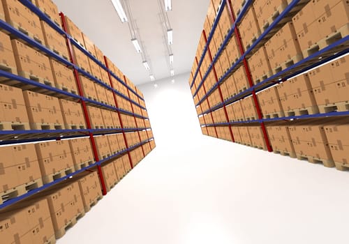 Warehouse shelves filled with large boxes. Retail, logistics, delivery and storage concept. Generic brown containers on racks lined in two rows. Passage in a big storage house. Distribution facility.