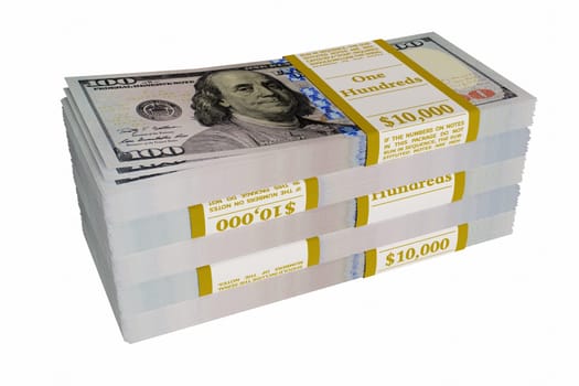 Pile of american dollars, isolated on white background, 3D illustration