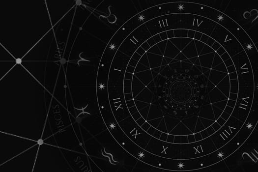 Astrological background with zodiac signs and symbol - black