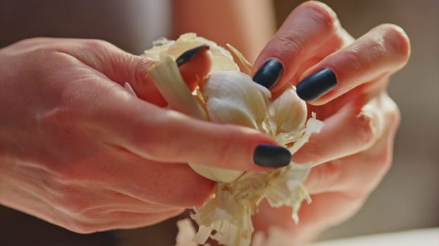 Woman peeling garlic and vegetables for cooking on kitchen table. Closeup hands. Real, authentic cooking.