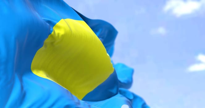 Detail of the national flag of Palau waving in the wind on a clear day. Palau is an island country in the western Pacific. Selective focus.